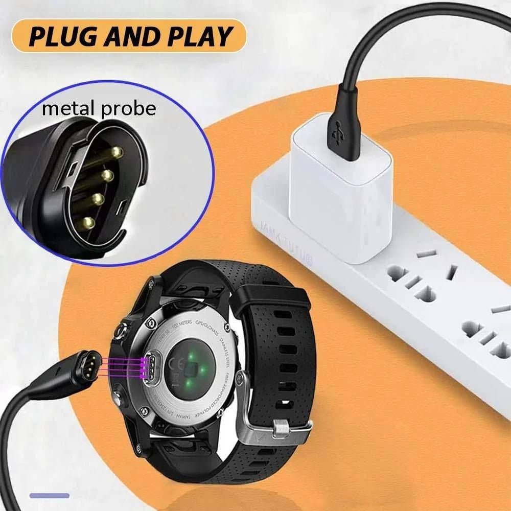 Problems Solved Garmin charger compatible with Garmin smartwatches, featuring a compact design and secure connector.