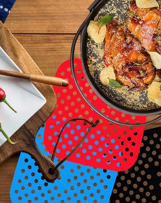Problems Solved 8.5-inch square reusable silicone air fryer liners, non-stick and heat-resistant for easy food removal.