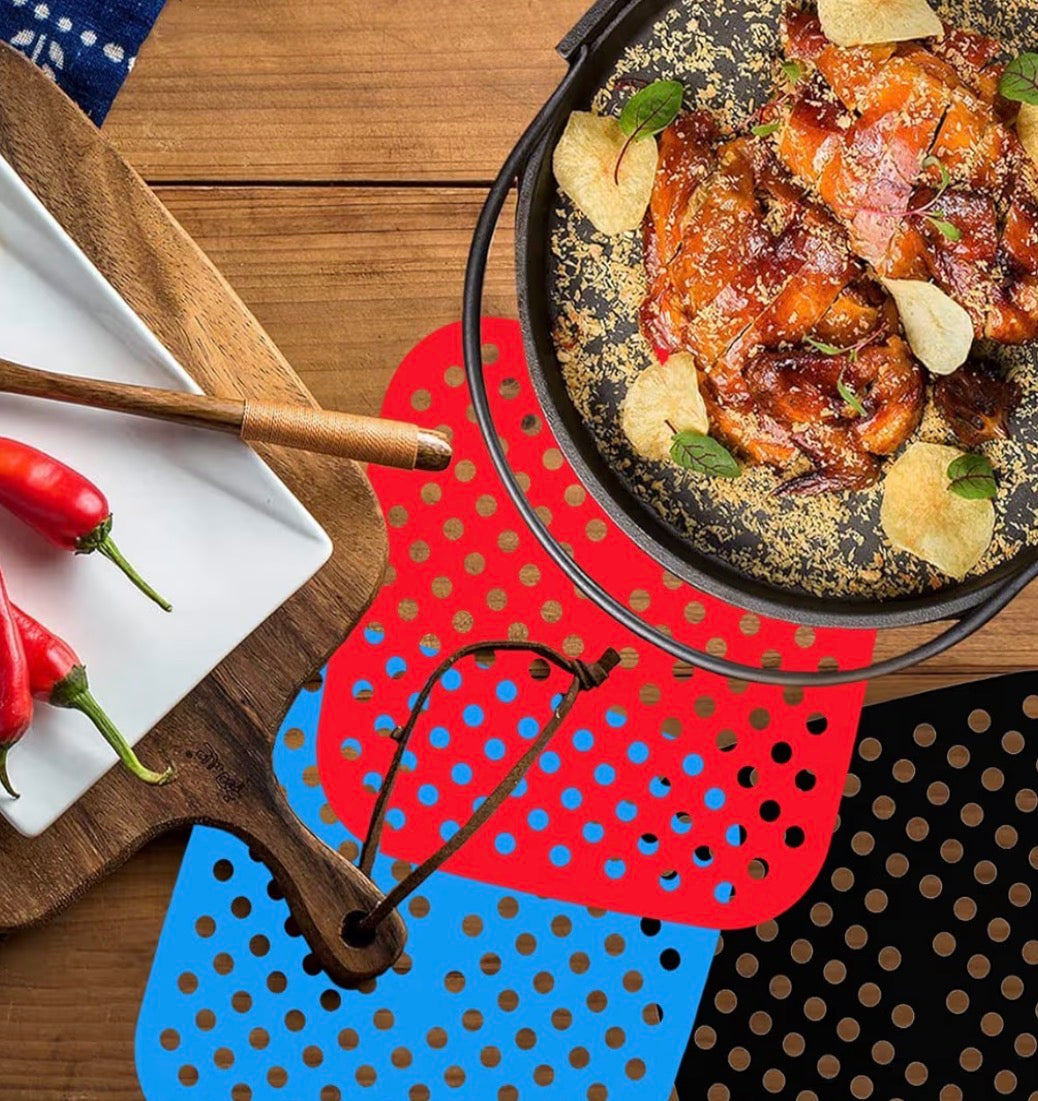 Problems Solved 8.5-inch square reusable silicone air fryer liners, non-stick and heat-resistant for easy food removal.