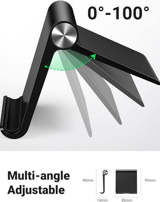 Problems Solved desk phone stand holding an iPhone, compact mobile phone holder for hands-free viewing on a desk.