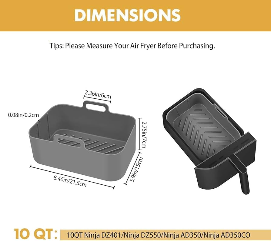 Reusable silicone air fryer liners for 10QT Ninja air fryers, compatible with DZ550 and DZ401 models, prevent mess and simplify cleaning.