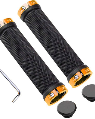 Pair of Problems Solved non-slip rubber bicycle handlebar grips with aluminum ends for comfortable cycling.