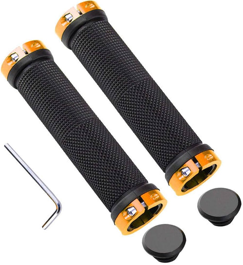 Pair of Problems Solved non-slip rubber bicycle handlebar grips with aluminum ends for comfortable cycling.