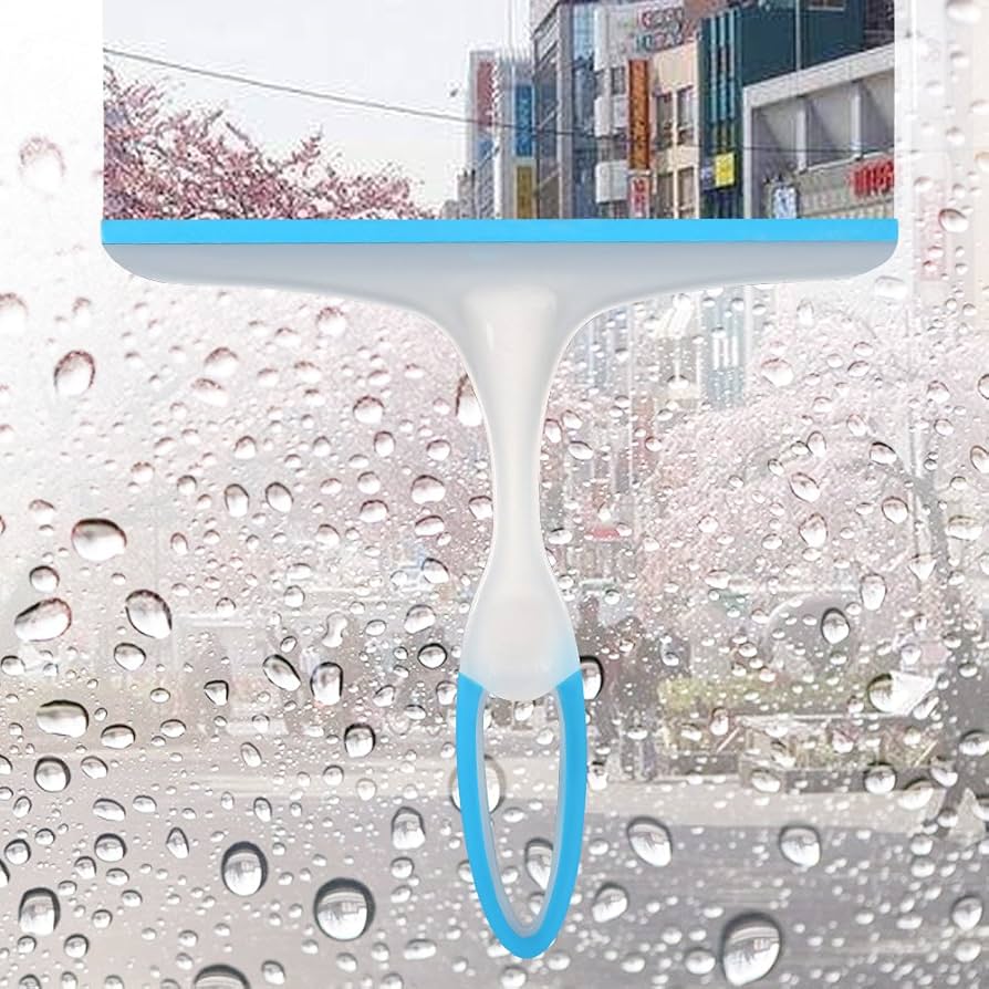 Problems Solved blue handle window squeegee with rubber blade for glass, bathroom, kitchen, and car cleaning.