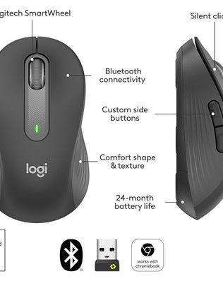 Problems Solved Signature M650 L full-size wireless mouse with ergonomic design and multiple buttons on a white background.