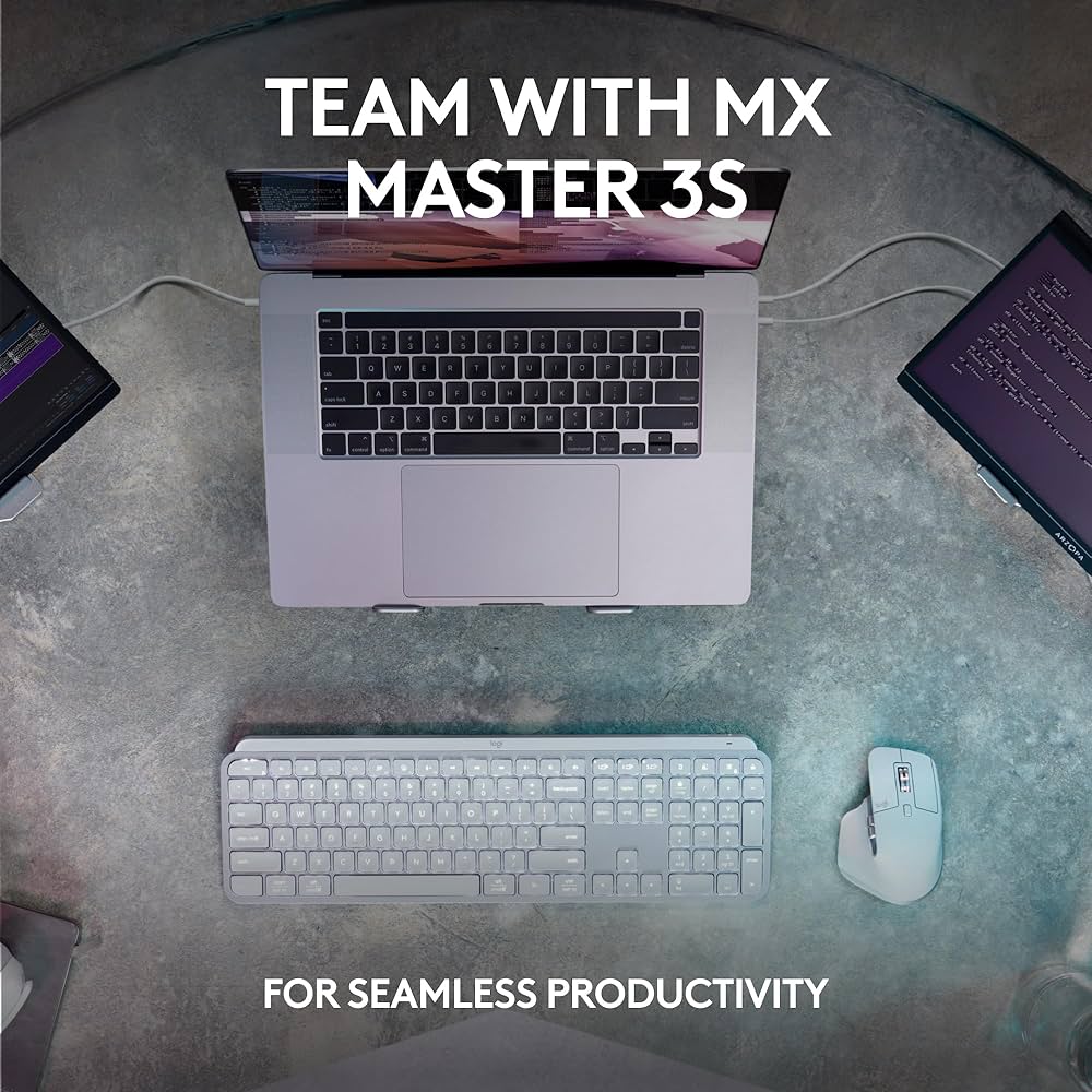 Logitech MX Keys S wireless keyboard by Problems Solved with low profile, fluid quiet typing, and programmable keys.
