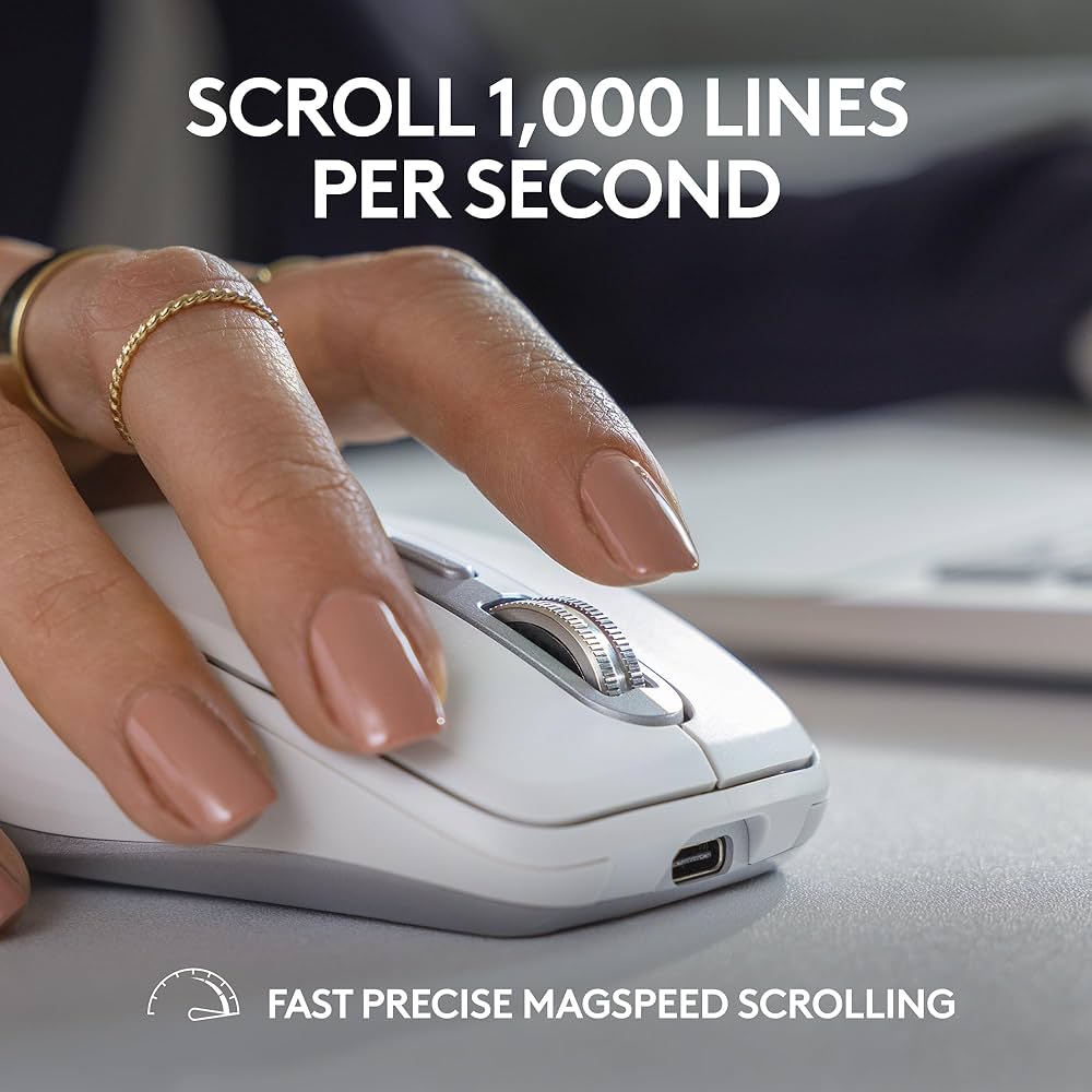 Logitech MX Anywhere 3S wireless mouse with fast scrolling and 8K DPI on a workspace surface