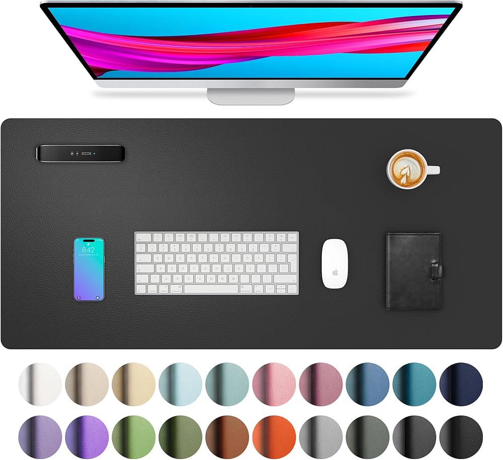 Problems Solved leather desk pad protector and mouse pad with non-slip PU leather surface for office desks.