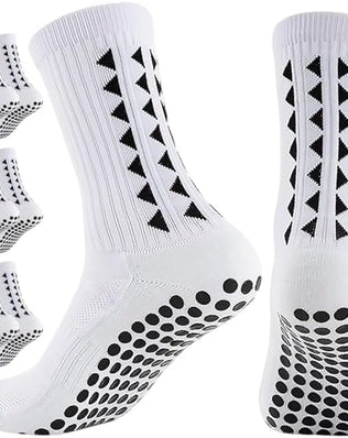 Three pairs of black non-slip football grip socks for men by Problems Solved, featuring textured soles for enhanced traction during play.