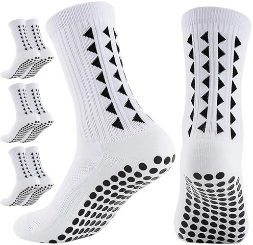 Three pairs of black non-slip football grip socks for men by Problems Solved, featuring textured soles for enhanced traction during play.