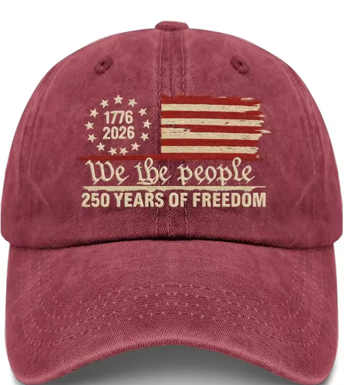 Problems Solved retro washed printed U.S. 250th anniversary baseball hat with embroidered design and adjustable strap.