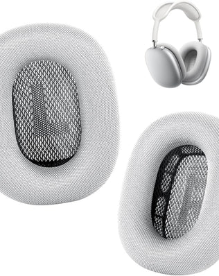 Upgraded mesh ear cushions for AirPods Max by Problems Solved, showing soft, comfortable replacement earpads attached to headphones.