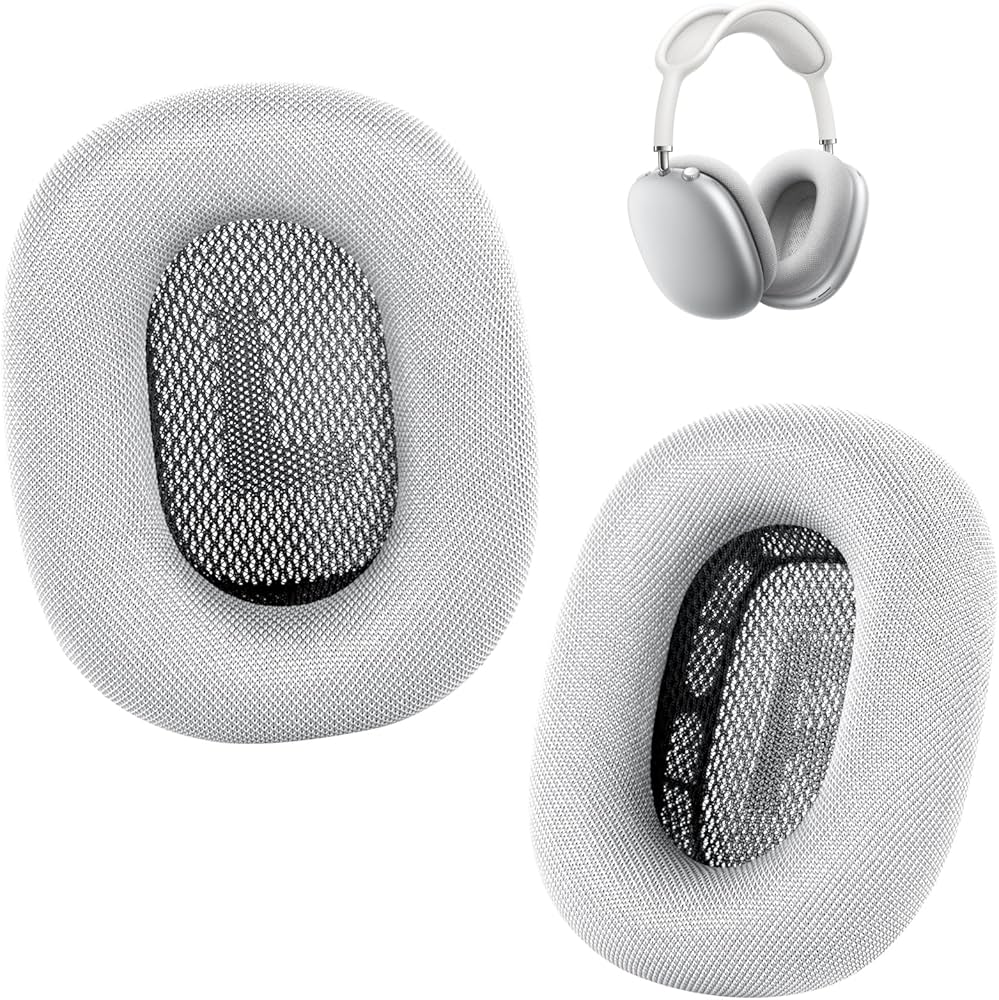 Upgraded mesh ear cushions for AirPods Max by Problems Solved, showing soft, comfortable replacement earpads attached to headphones.
