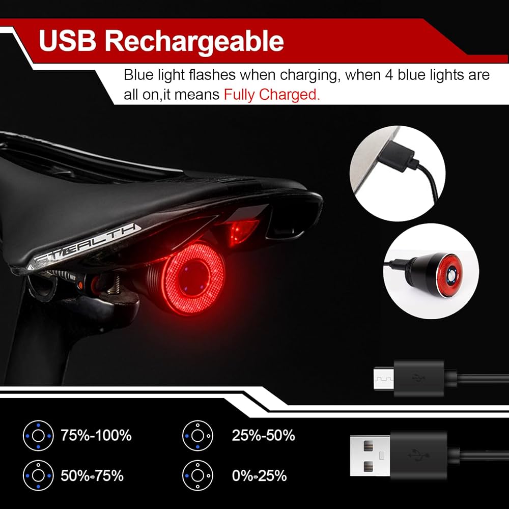 Ultra Bright Smart Bike Tail Light, USB Rechargeable Brake Sensing Bicycle Light