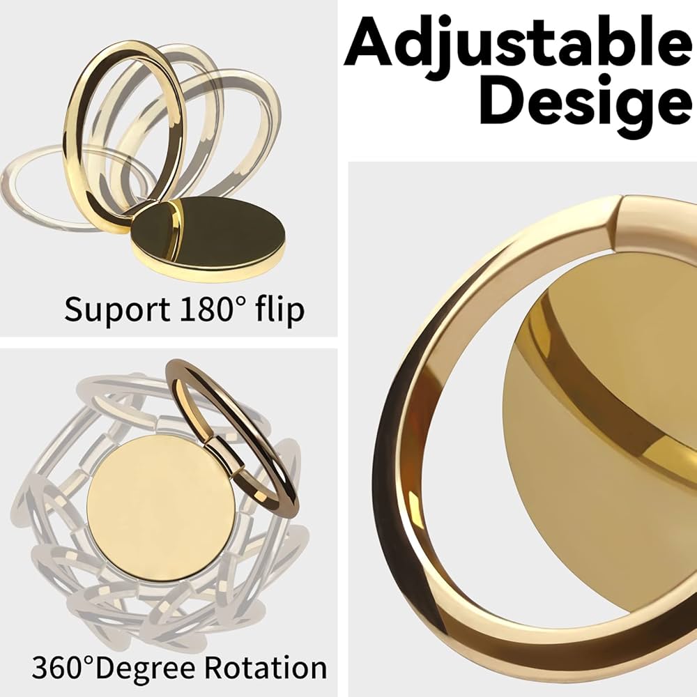 Problems Solved gold phone ring holder and kickstand attached to the back of a phone case, showing finger grip and stand functionality.