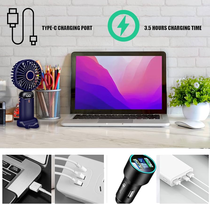 Problems Solved portable handheld USB rechargeable fan with 5 speeds, shown in black, with a compact design and adjustable settings.