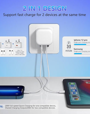 Problems Solved USB C fast charger plug with 20W power for iPhone, UK plug, compact USB C to USB C connector, ready for quick charging.