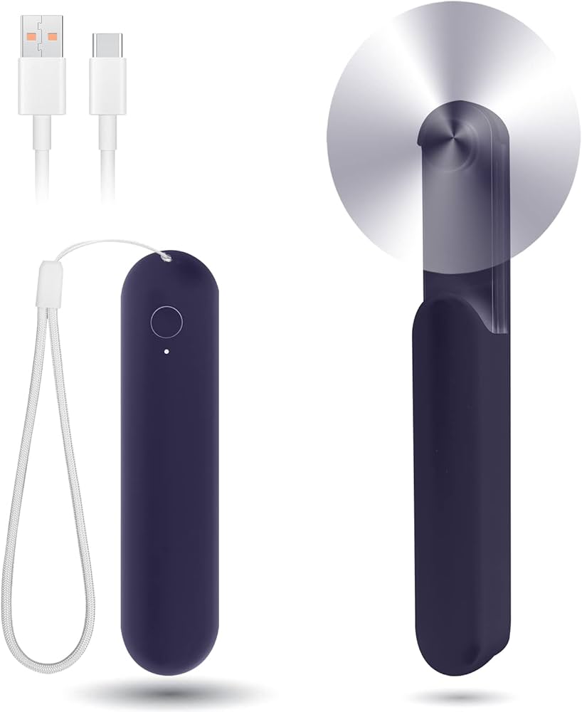 Problems Solved handheld mini fan with 3-speed settings, rechargeable, quiet operation, compact design, perfect for personal cooling.