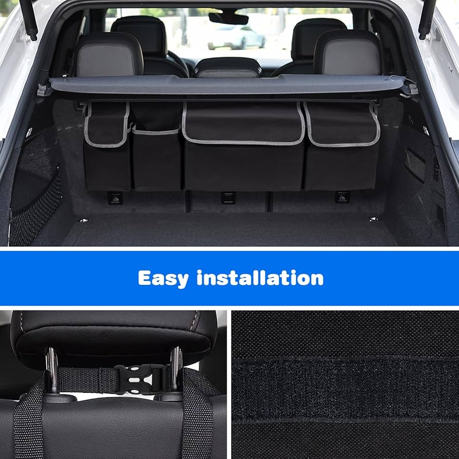 Problems Solved car back seat organizer with four pockets, keeps car interior tidy and organized from the backseat view.