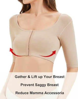 Problems Solved women's arm shaper with front closure, post-surgery compression sleeve for arm lipo recovery, comfortable fit.