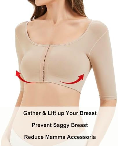 Problems Solved women's arm shaper with front closure, post-surgery compression sleeve for arm lipo recovery, comfortable fit.
