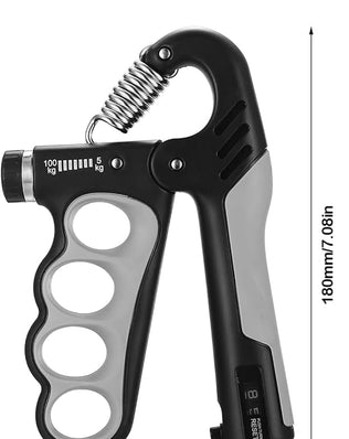 Problems Solved adjustable grip strengthener with black and red handles, showing a close-up of the hand grip in use.