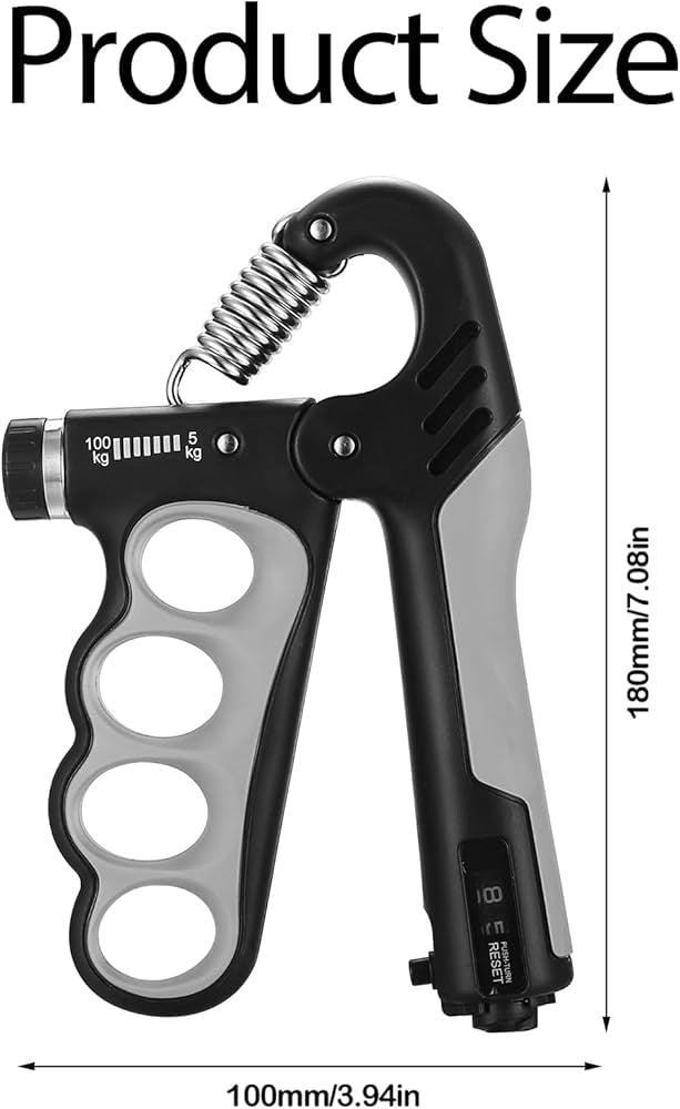 Problems Solved adjustable grip strengthener with black and red handles, showing a close-up of the hand grip in use.