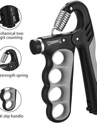 Problems Solved adjustable grip strengthener with 5-100 kg capacity, featuring ergonomic handles for hand and forearm exercise.
