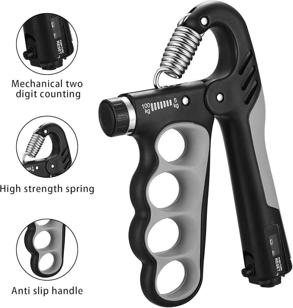 Problems Solved adjustable grip strengthener with 5-100 kg capacity, featuring ergonomic handles for hand and forearm exercise.