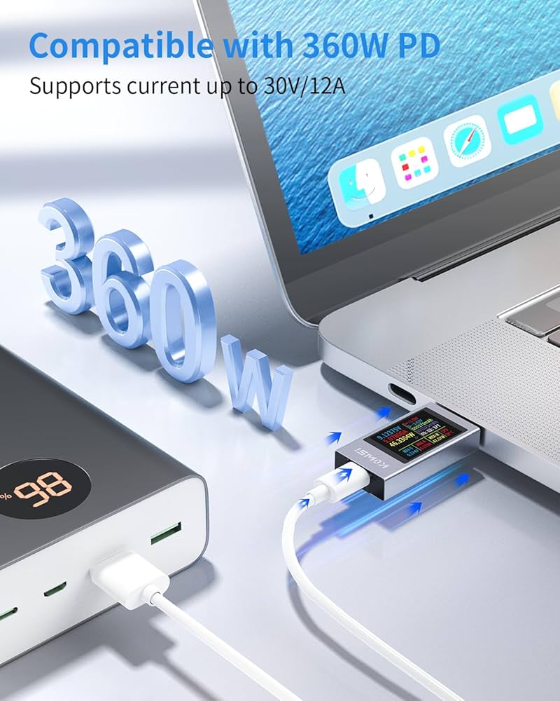 Problems Solved 4-30V 0-12A Type-C PD Tester digital multimeter measuring voltage and current in a compact handheld device.