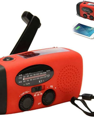 Problems Solved emergency radio with 2000mAh power bank, hand crank, solar panel, and built-in flashlight for backup power and lighting.