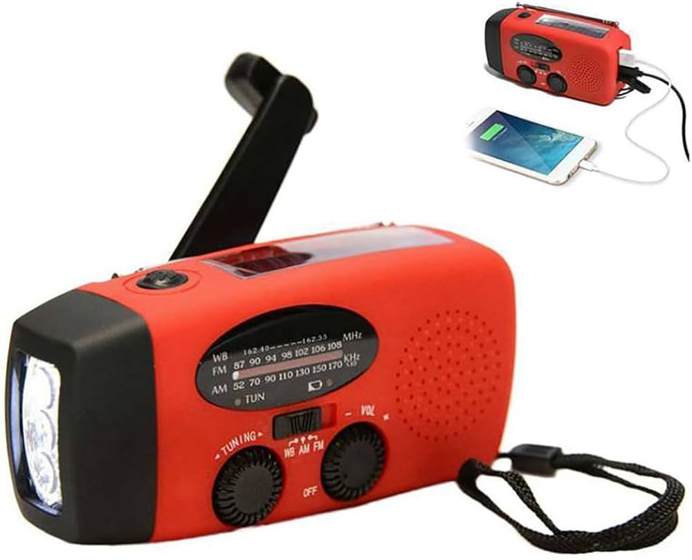 Problems Solved emergency radio with 2000mAh power bank, hand crank, solar panel, and built-in flashlight for backup power and lighting.