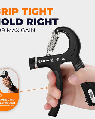 Problems Solved adjustable grip strengthener with rubber handles, showing 10 to 100 kg capacity for forearm and hand muscle training.