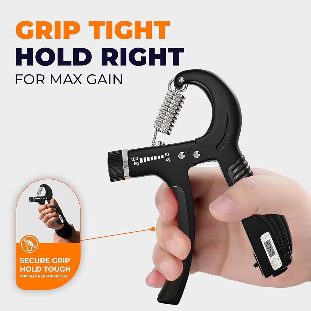 Problems Solved adjustable grip strengthener with rubber handles, showing 10 to 100 kg capacity for forearm and hand muscle training.