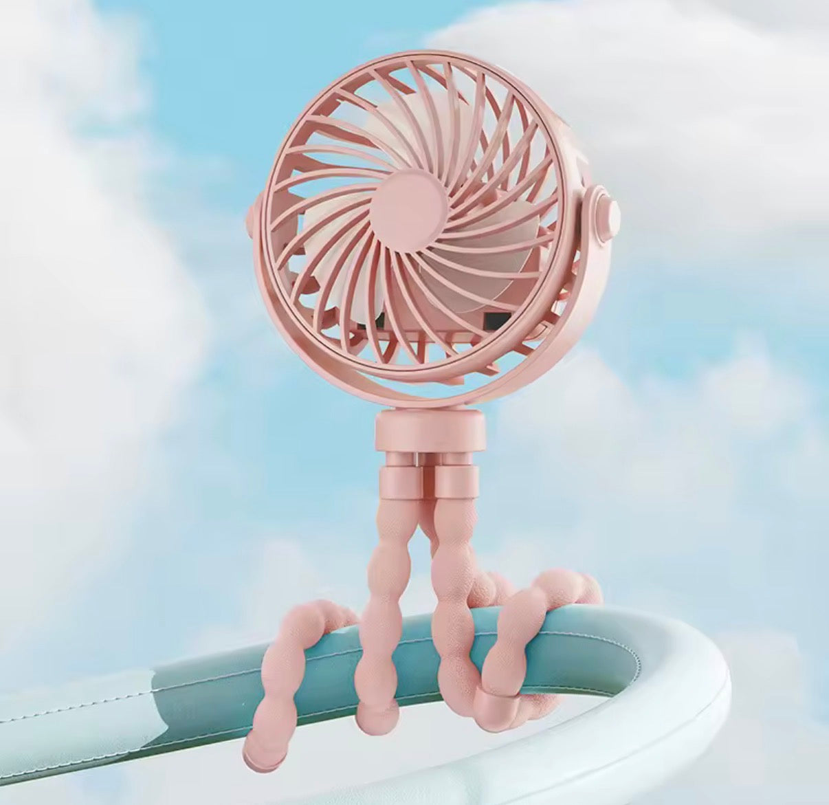 Problems Solved mini portable pram fan clipped onto a stroller, showing its small rechargeable and detachable design.