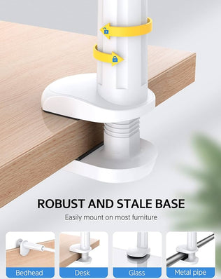 Flexible Problems Solved tablet holder with 360° adjustable lazy arm and phone stand for hands-free device viewing.