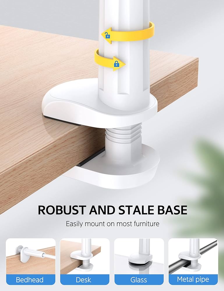 Flexible Problems Solved tablet holder with 360° adjustable lazy arm and phone stand for hands-free device viewing.