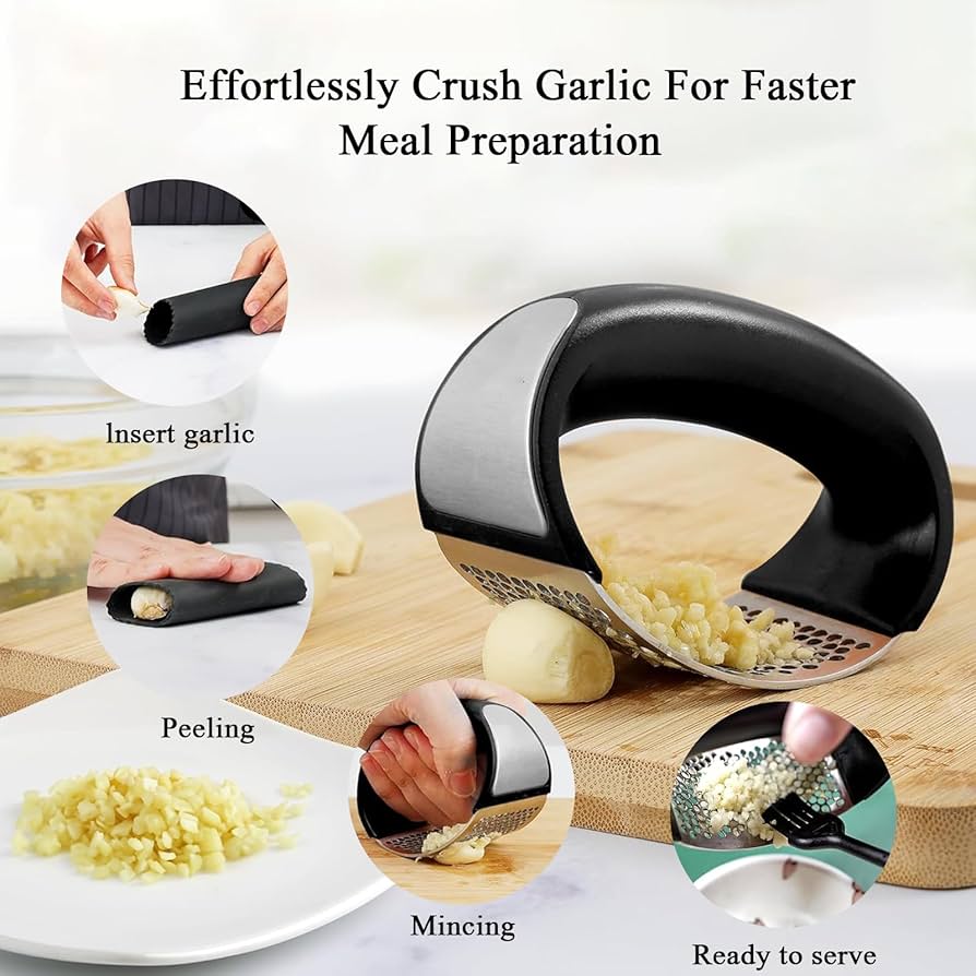 Problems Solved Eastrise stainless steel garlic press rocker crusher masher for easy garlic crushing and mashing.