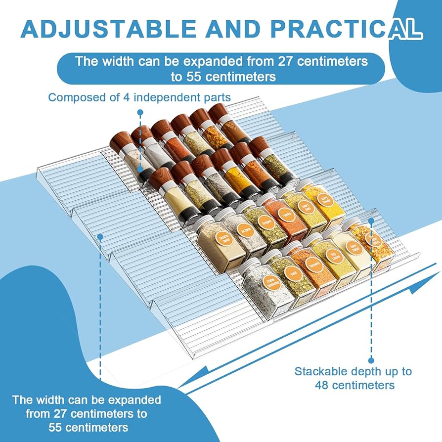 Problems Solved spice rack drawer organizer with multiple compartments for kitchen spice storage and organization.