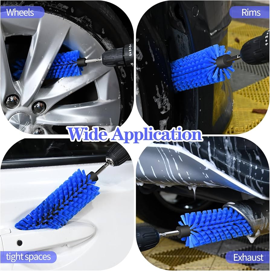 Problems Solved drill brush for car wheels and bottles, dense and durable cleaning brush with stiff bristles for thorough scrubbing.
