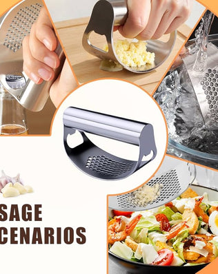 Problems Solved stainless steel garlic press rocker with ergonomic handle, designed for easy mincing and crushing garlic cloves.