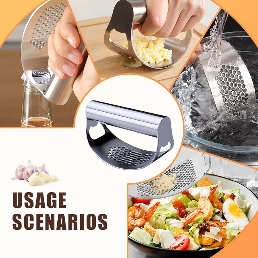 Problems Solved stainless steel garlic press rocker with ergonomic handle, designed for easy mincing and crushing garlic cloves.