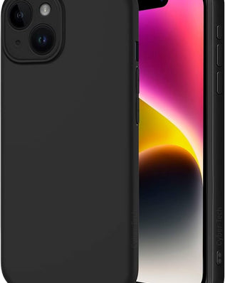 Liquid silicone case for iPhone 14 Plus by Problems Solved, showing smooth, flexible material fitting a 6.7-inch smartphone.