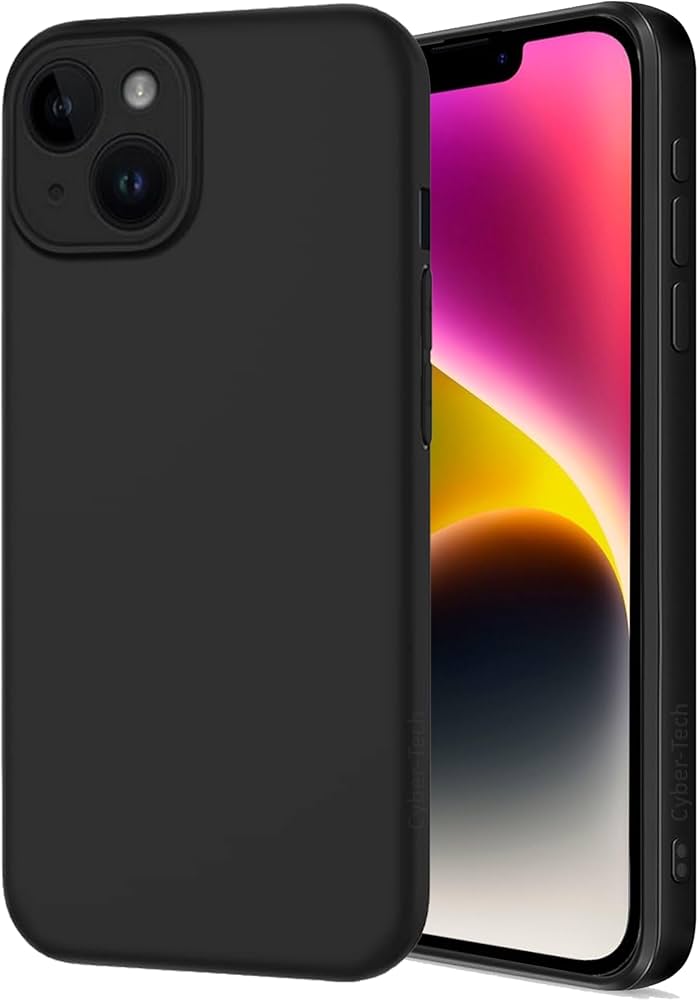 Liquid silicone case for iPhone 14 Plus by Problems Solved, showing smooth, flexible material fitting a 6.7-inch smartphone.