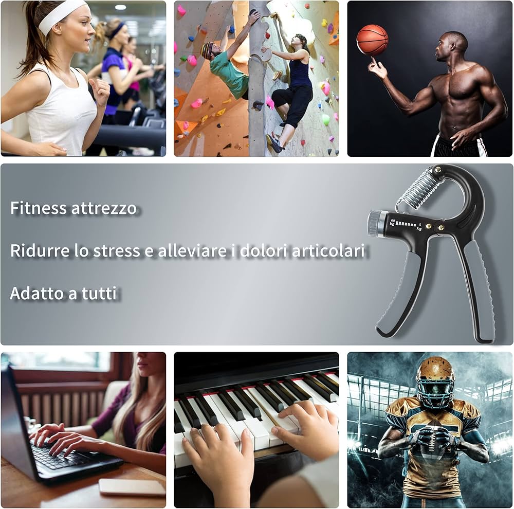 Problems Solved adjustable hand grip strengthener for forearm and wrist training, showing a black and red hand gripper in use.