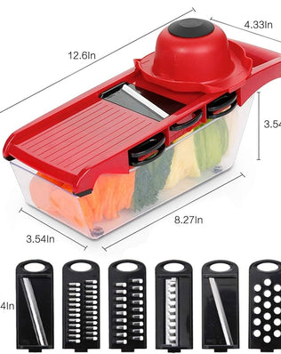 Problems Solved 6-in-1 professional kitchen mandolin with multiple adjustable blades for slicing, julienning, and dicing vegetables.