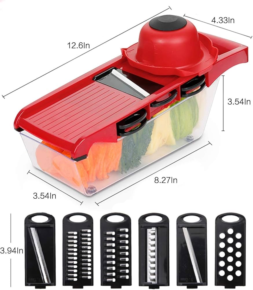 Problems Solved 6-in-1 professional kitchen mandolin with multiple adjustable blades for slicing, julienning, and dicing vegetables.