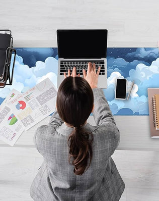 Problems Solved blue and white puffy clouds desk mat, cute gaming mouse pad with soft cloud design on smooth surface.