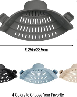 Silicone pot strainer clip-on for pots and pans, heat-resistant kitchen drainer, Problems Solved brand in use on cookware