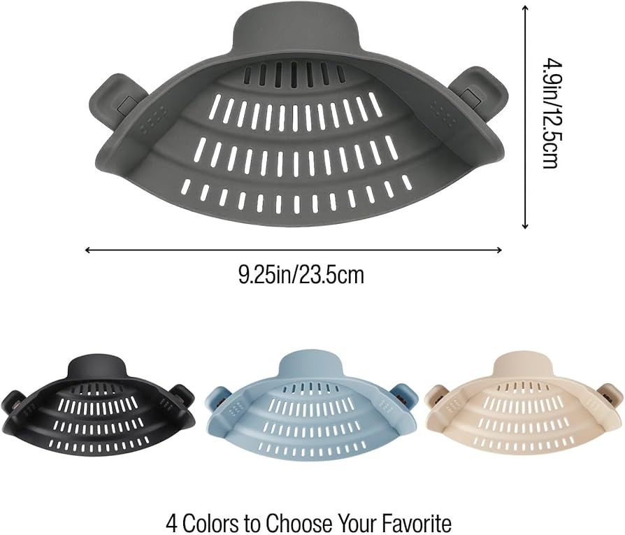 Silicone pot strainer clip-on for pots and pans, heat-resistant kitchen drainer, Problems Solved brand in use on cookware
